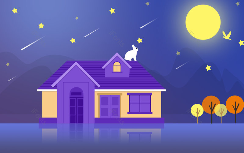 手绘卡通场景房屋蓝色星空背景图,插画/手绘图，插画/手绘图库，插画/手绘图下载,插画/手绘