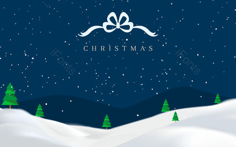 圣诞节 平安夜 蓝色背景 松树 圣诞树 雪花 雪地 丝带