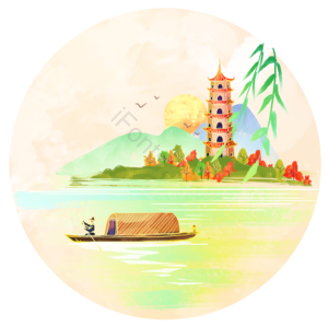 中国风 古风 水墨风 西湖 小船 洞庭 国潮