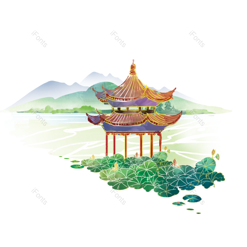 中国风图片,亭子元素,古风PNG,荷叶免抠素材