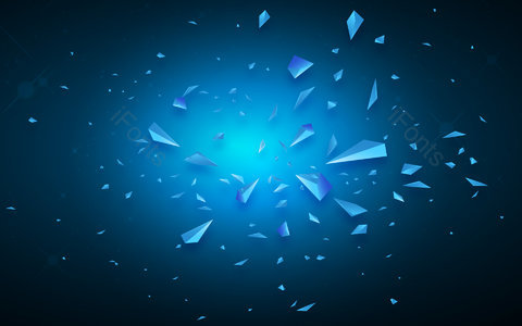 蓝色背景 三角形 锥形 分散 飞射 冲击 光源 悬浮