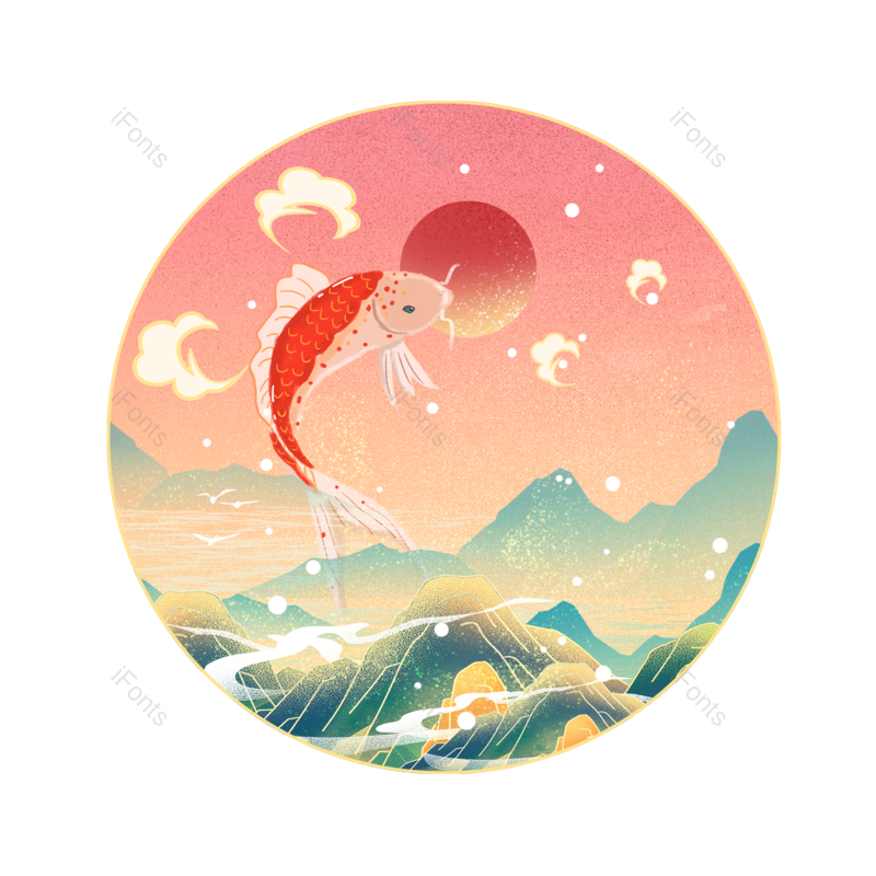 锦鲤图片,圆圈元素,简约PNG,山水免抠素材