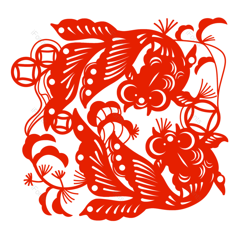 剪纸图片,扁平元素,新年PNG,金鱼免抠素材