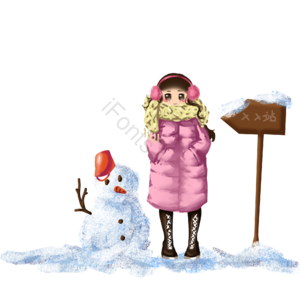 冬天 雪人 少女 卡通 手绘