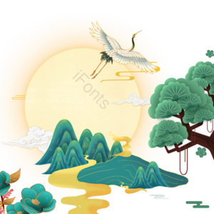 中国风 国潮 节日 建筑 插画 手绘花 山峰 节日元素