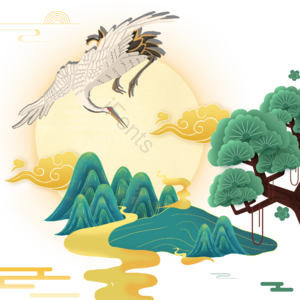 中国风 国潮 节日 建筑 插画 手绘花 山峰 节日元素