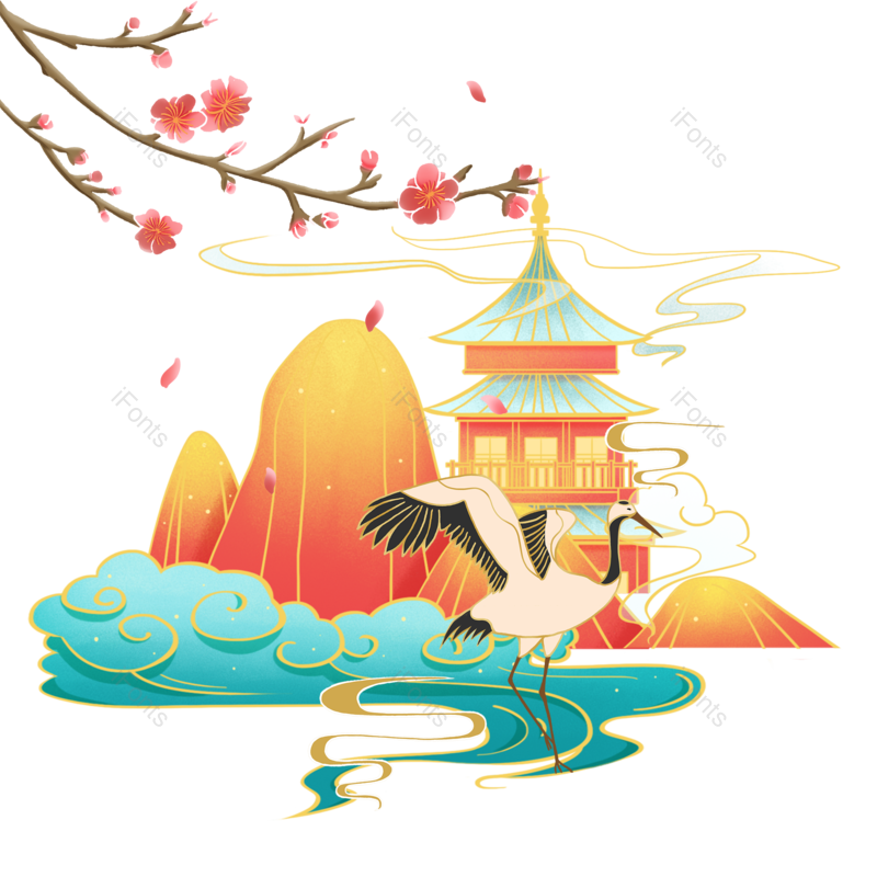 仙鹤图片,树枝元素,PNG,免抠素材