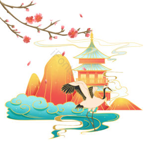 挑花 落叶 树枝 山 塔 仙鹤