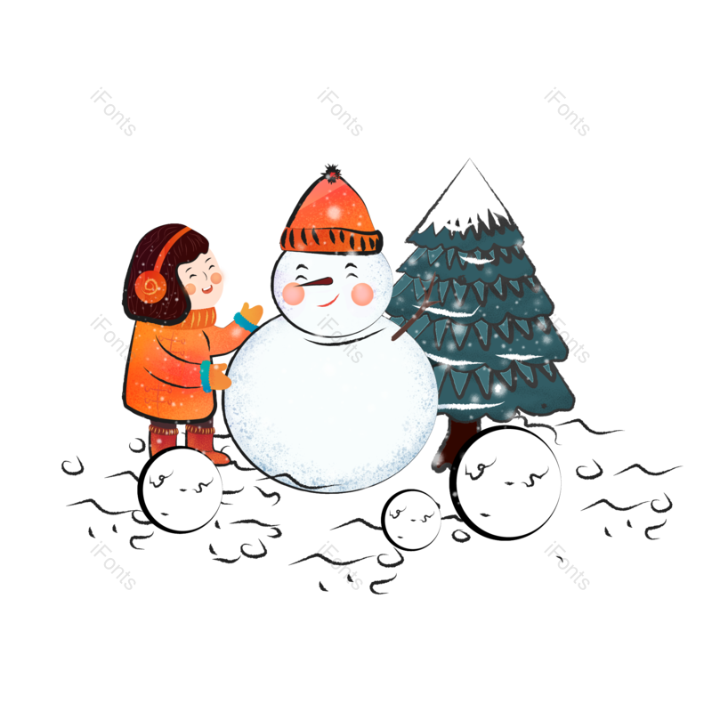 树木图片,雪人元素,手绘PNG,免抠素材