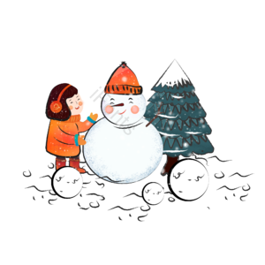 手绘 大雪 雪天 雪人 树木