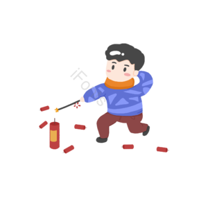 手绘 卡通男孩 放烟花 新年 设计元素