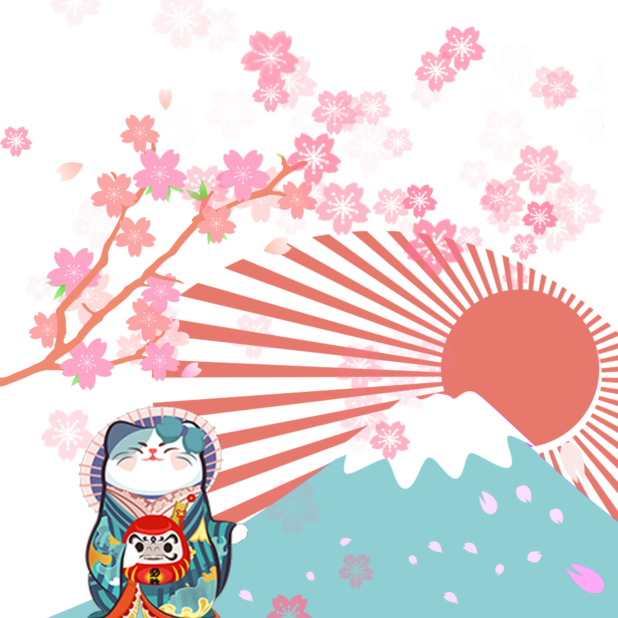 日系日本风和风富士山樱花蓝色招财猫背景图组图 装饰元素psd 90设计网