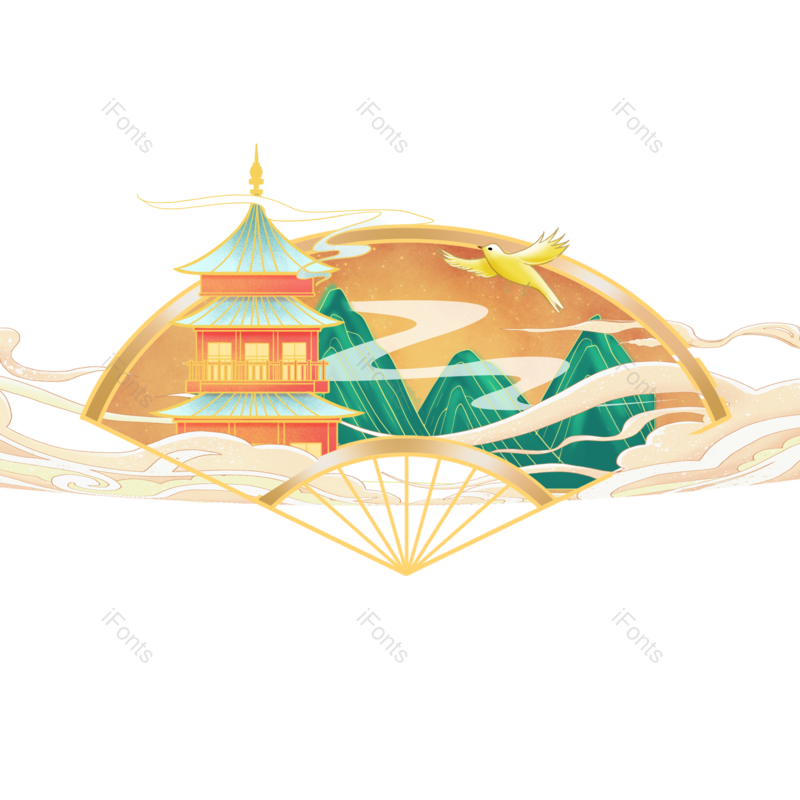 装饰图片,复古元素,扇子PNG,云纹免抠素材