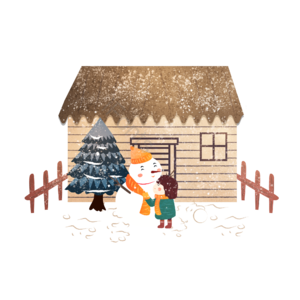 大雪 女孩在门前给雪人系围脖 雪人 雪景 下雪