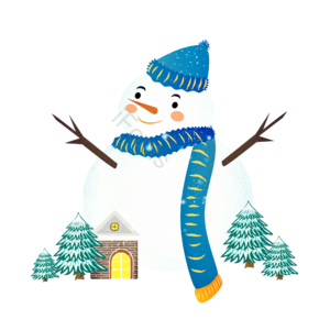 手绘 大雪 雪人 雪景 房屋树木