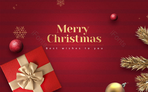 2020圣诞节 红色 松枝 礼盒 小球 金色雪花 条纹背景 质感背景