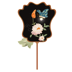 国潮 花纹 描边 扇子 植物 花卉 画 手绘