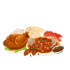 手绘 新年 春节 除夕 年夜饭 美食设计元素 满汉全席