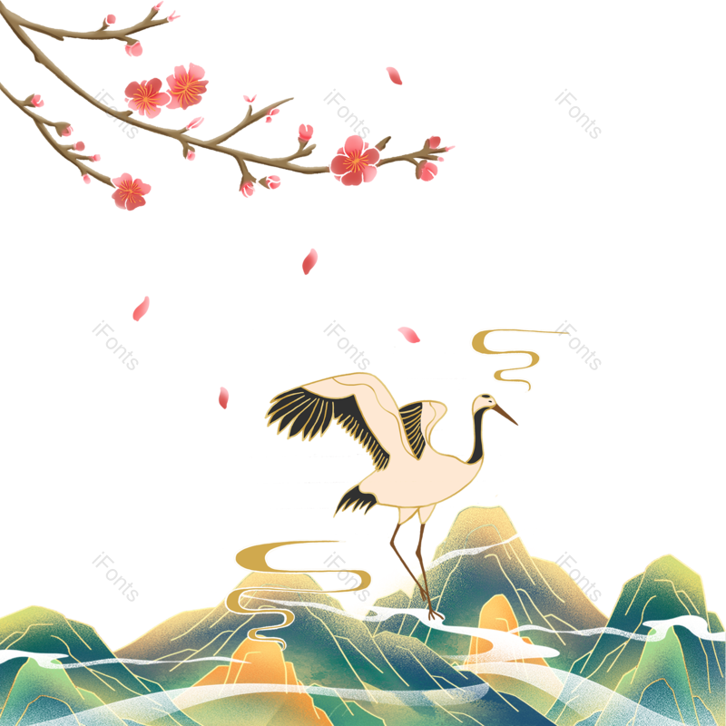 仙鹤图片,插画元素,云纹PNG,树枝免抠素材