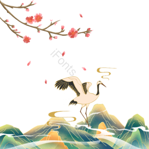 树枝 落叶 仙鹤 塔 国潮 古风 插画 云纹