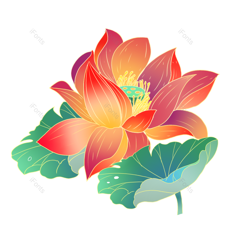 渐变图片,莲花元素,古风PNG,卡通手绘免抠素材
