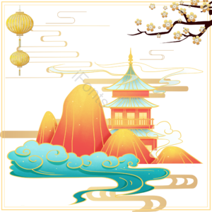 树枝 落叶 仙鹤 塔 国潮 古风 插画 云纹