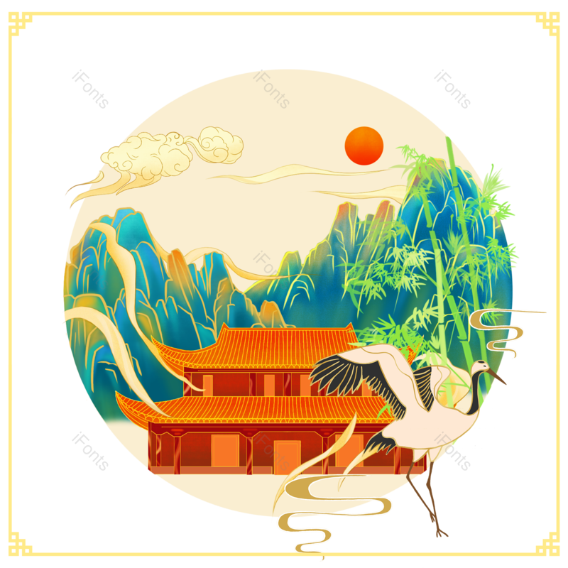 仙鹤图片,树枝元素,水波纹PNG,亭子免抠素材