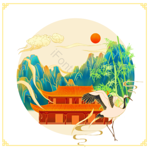 树枝 落叶 仙鹤 塔 国潮 古风 插画山水 亭子