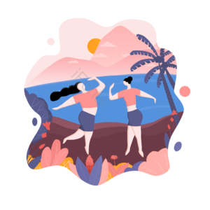 夕阳 沙滩 舞蹈 狂欢 椰子树 植物 海边 湖边