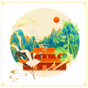 远山 挑花 翠竹 仙鹤国潮