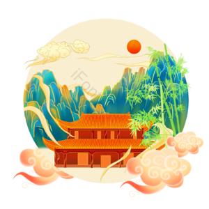 树枝 落叶 国潮 古风 插画 云纹 山水古殿