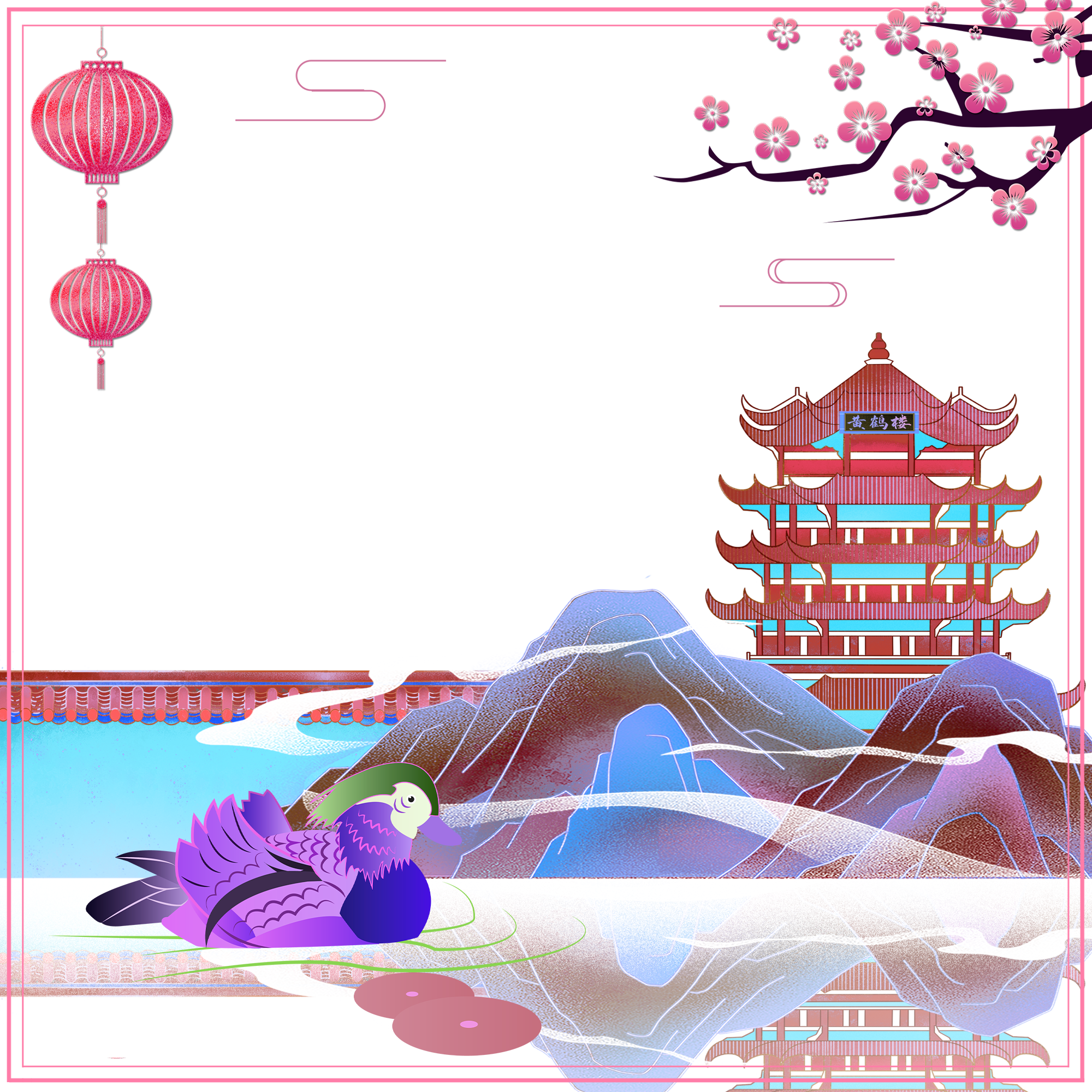 金币树枝桃花落叶仙鹤塔国潮古风插画云纹山水亭子鲤鱼水波纹古殿灯笼