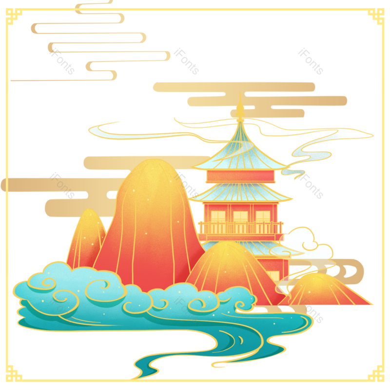 插画图片,灯笼元素,云纹PNG,山水免抠素材