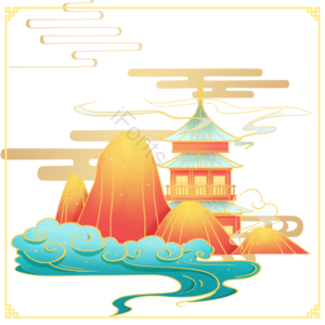 塔 国潮 古风 插画 云纹 山水 亭子 古殿