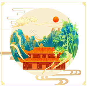 树枝 落叶 国潮 古风 插画山水 古殿