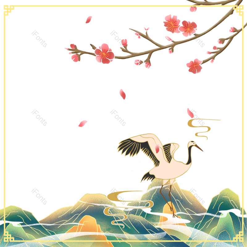 仙鹤图片,插画元素,树枝PNG,山水免抠素材